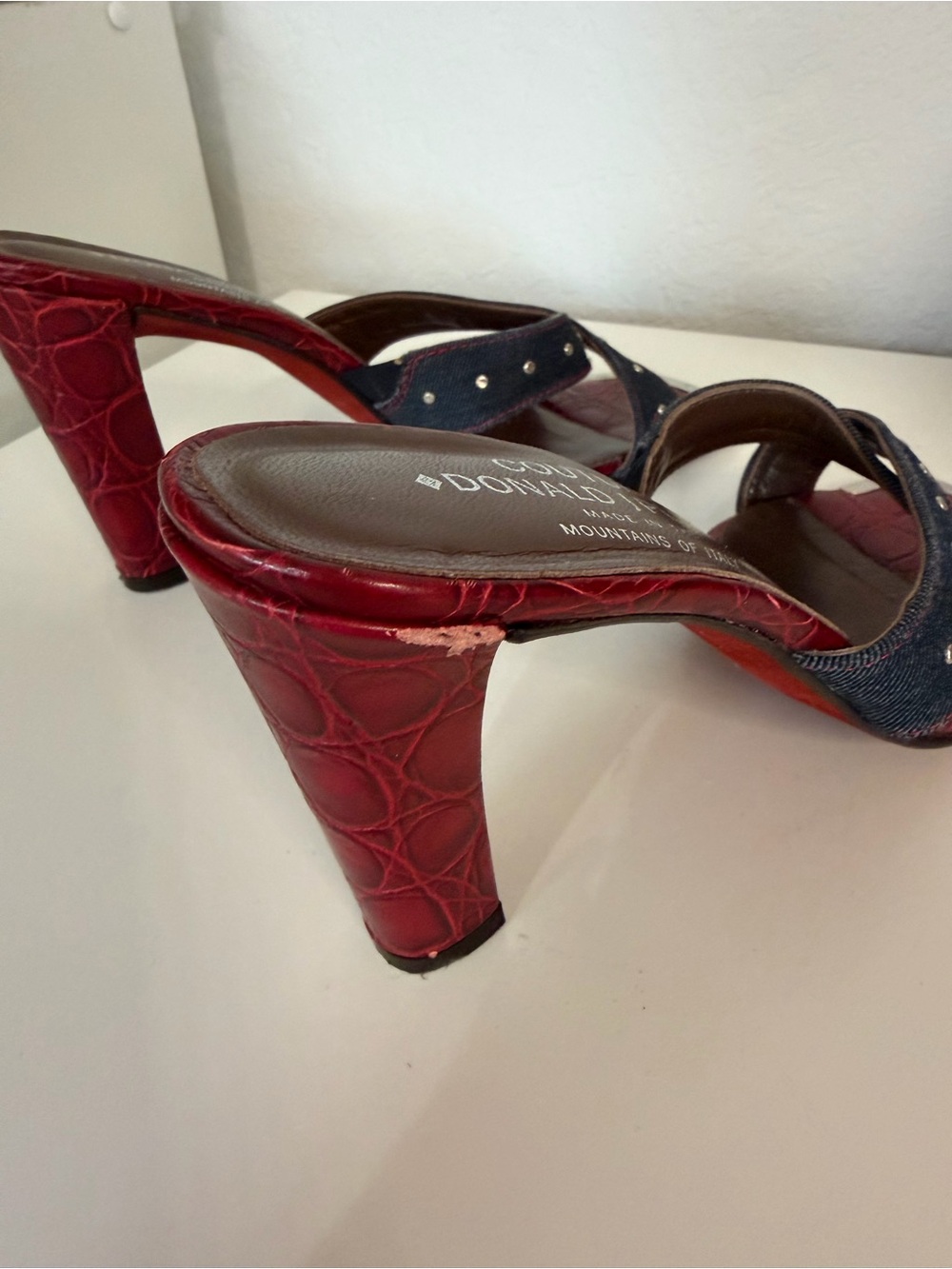 Donald J. Pliner | Red Croc-Embossed Denim Stud Mid-Heels - Picture 6 of 13